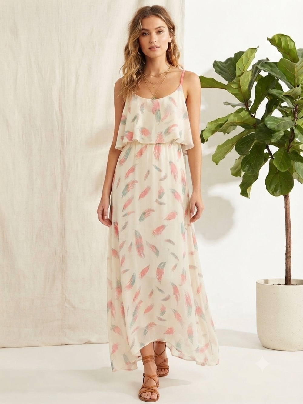 Xhilaration Cream Maxi Dress with Pink & Teal Feather Print